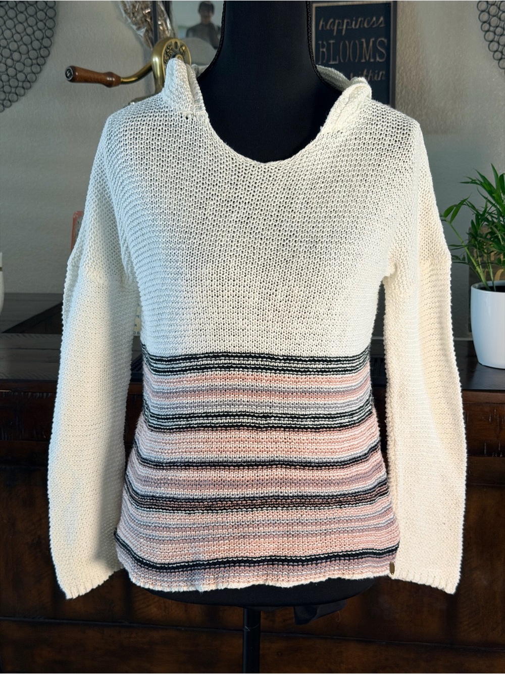O'Neill Erin Hooded Knit Sweater with Pink and Black Stripes
